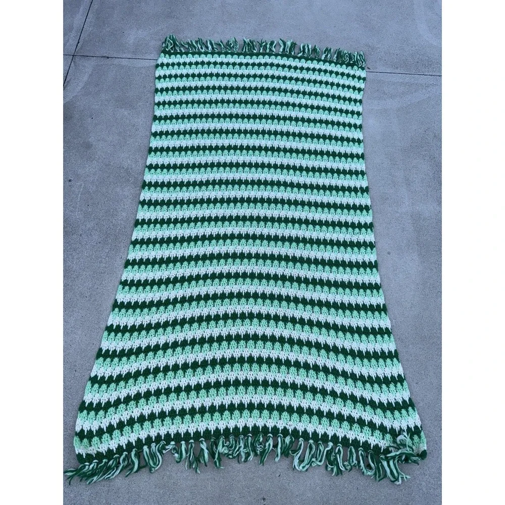 Vintage Handmade Crochet Afghan Throw Blanket Green White Striped Fringe 75x38
